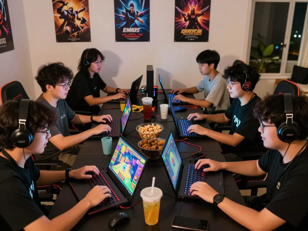 Situs slot gacor gaming enthusiasts engaging with colorful online games in a lively atmosphere.