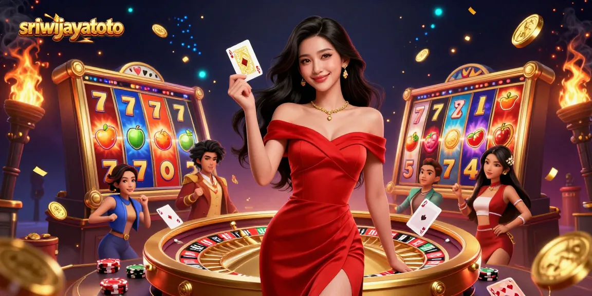 Sriwijayatoto showcases a young Asian woman in a luxurious casino setting, smiling confidently with playing cards.