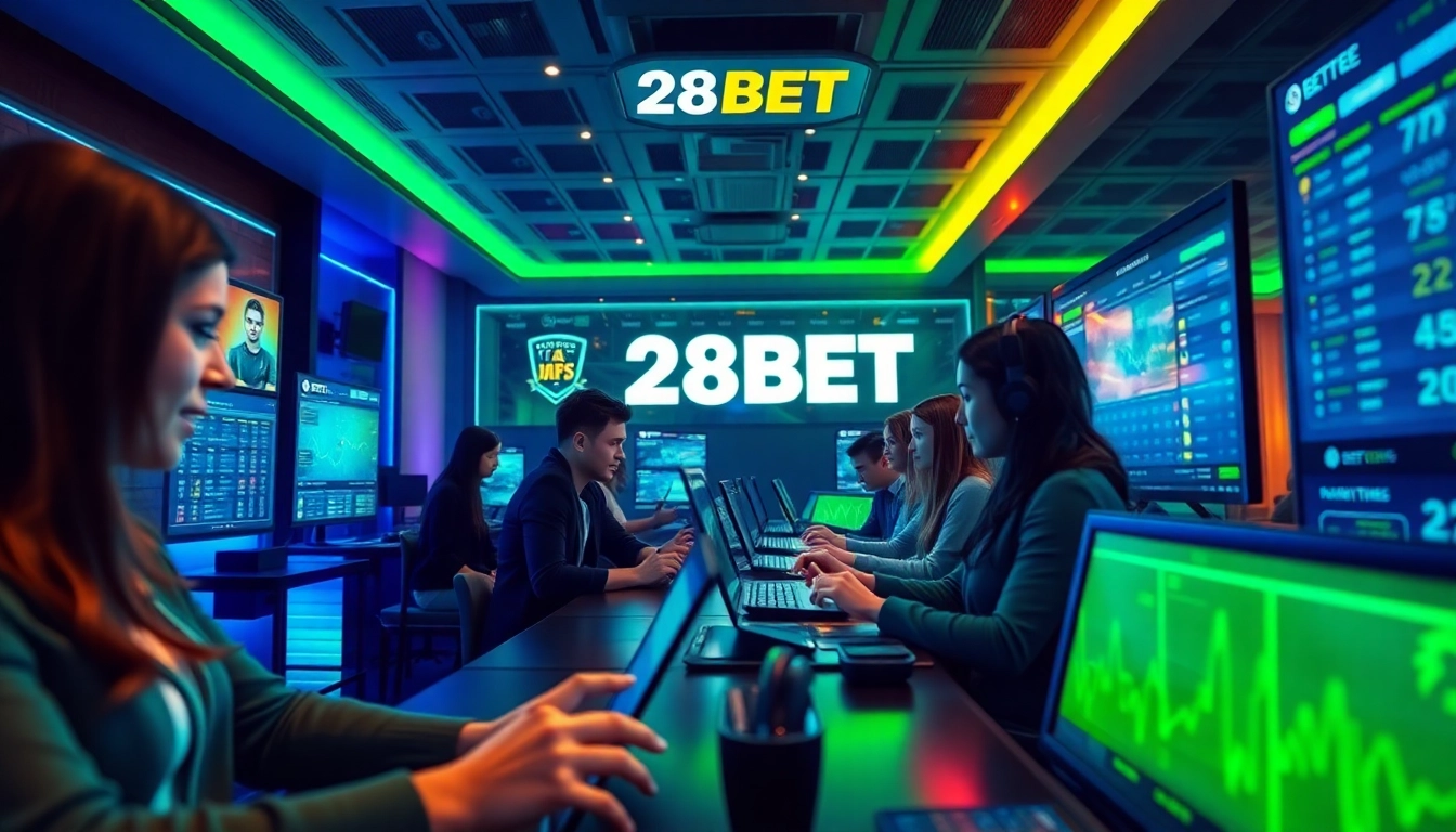 Dynamic betting scene showcasing users engaging with 28BET's online platform, featuring vibrant colors and modern design elements.