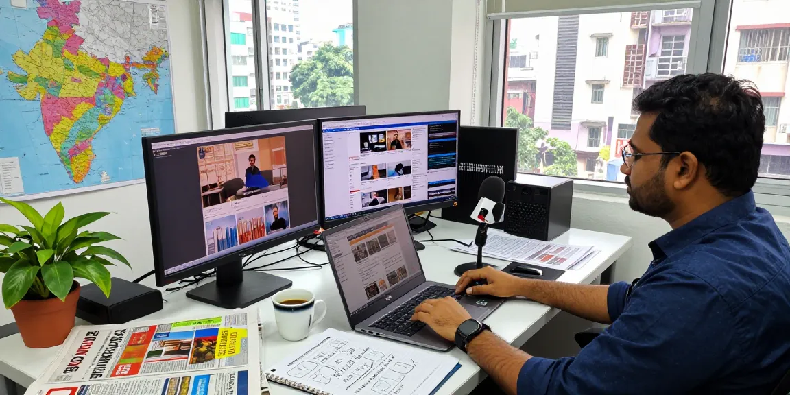 Journalist at the In Daily office monitoring live news updates for https://www.theindaily.com with multiple screens and coffee.