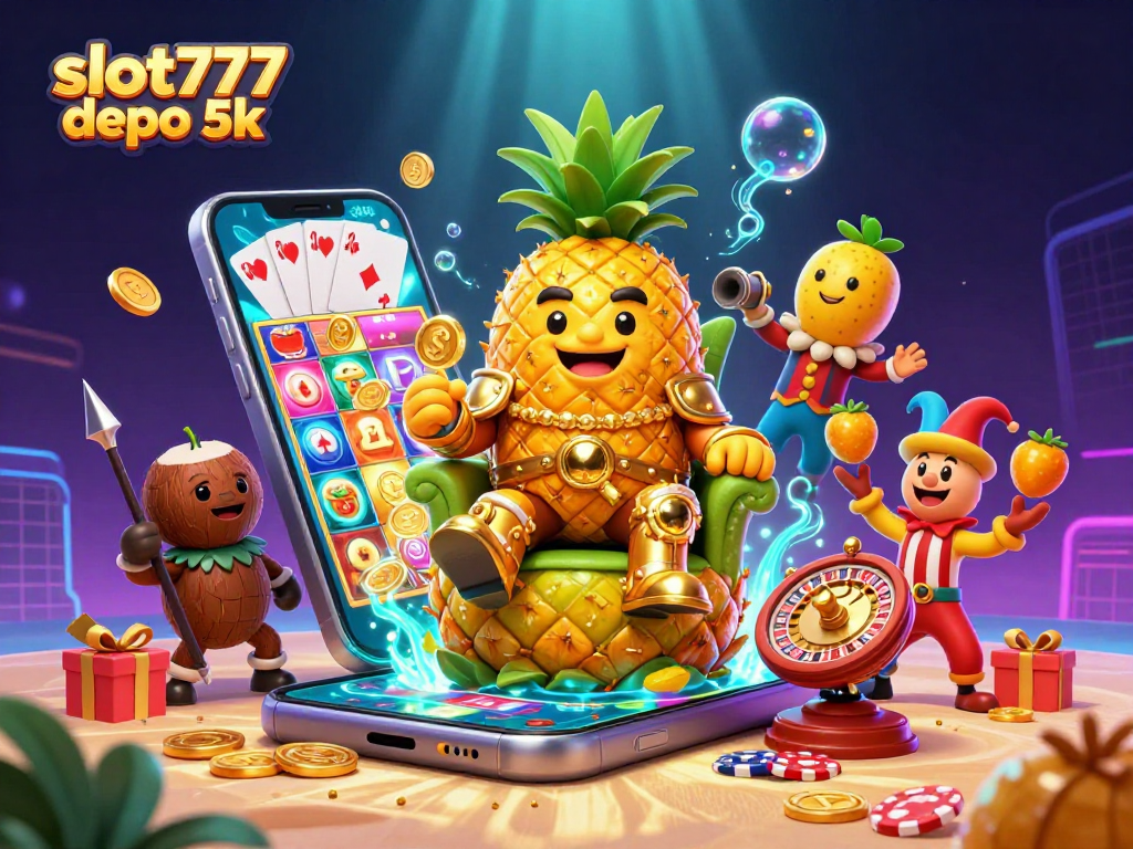Experience exciting gameplay with slot777 depo 5k in this dynamic casino scene featuring a golden pineapple king.