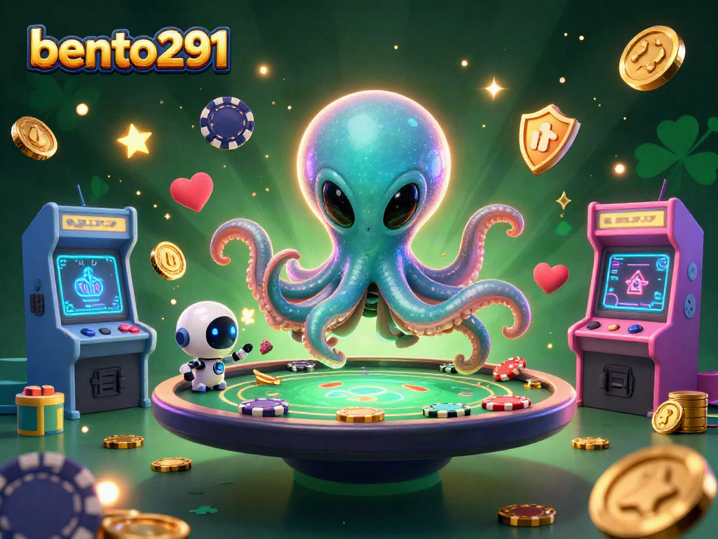 Engage with bento291 in a vibrant 3D alien casino game scene filled with colorful arcade elements.