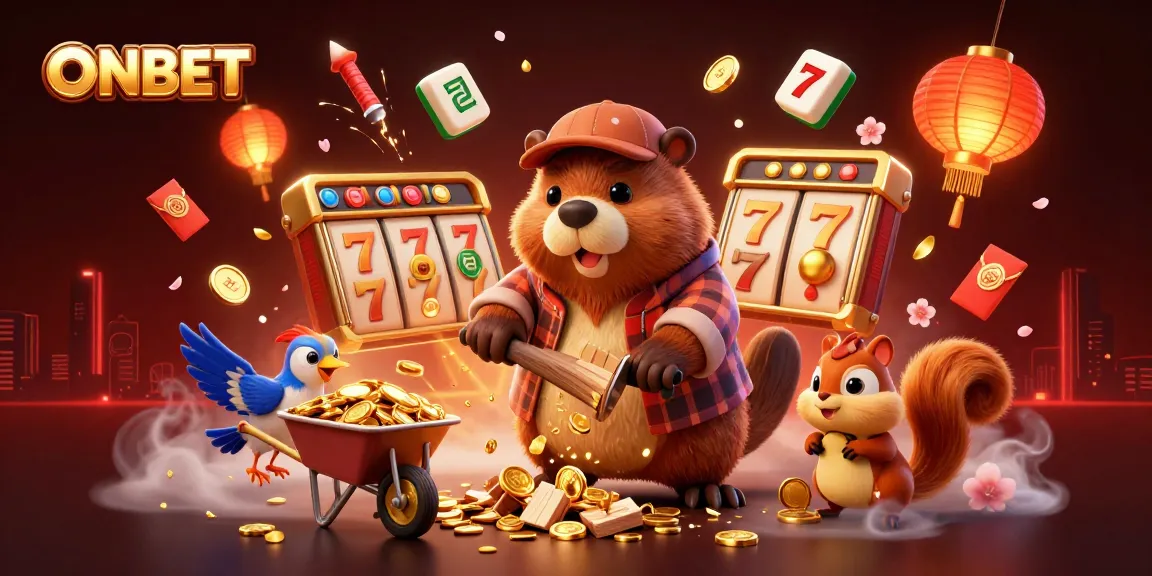 Experience ONBET action as a beaver gathers gold coins with festive elements in a vibrant casino scene.