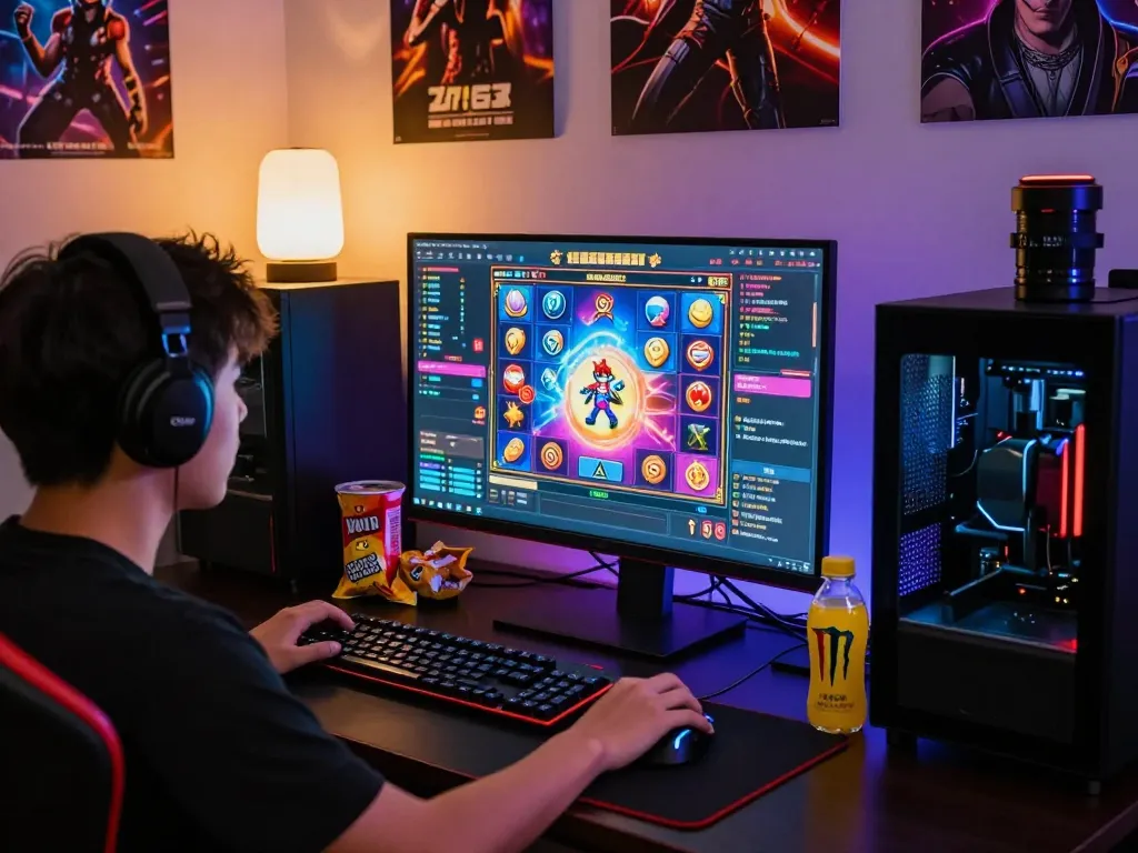 Pemain berinteraksi dengan permainan situs slot di setup gaming berkinerja tinggi dengan visual yang cerah.