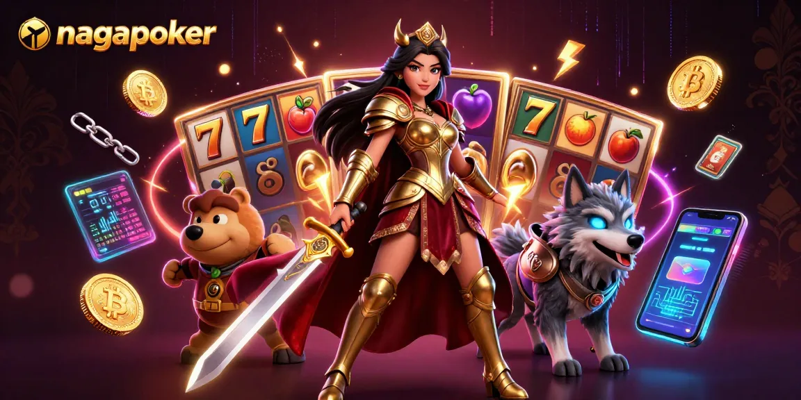 Engage with nagapoker's thrilling slots, featuring a warrior queen and glowing wolf amidst dynamic gaming elements.