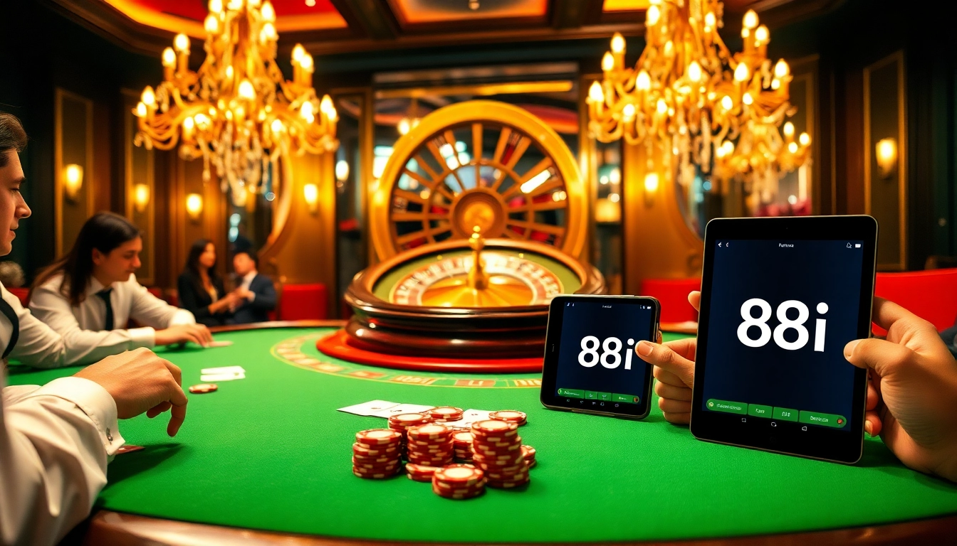 Experience a lively poker game with the 88i app at a luxurious casino table.