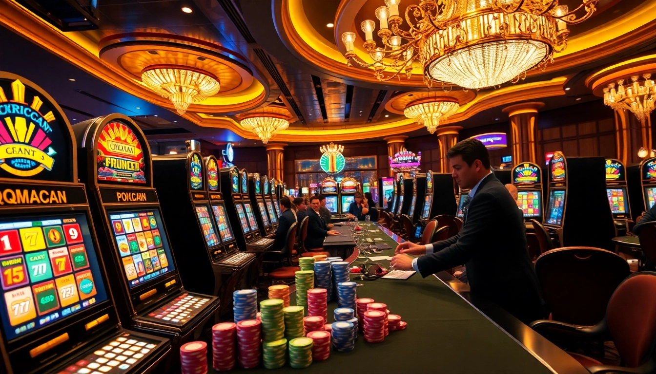 Players engaging at qqmacan slot machines with colorful chips in a luxury casino setting.