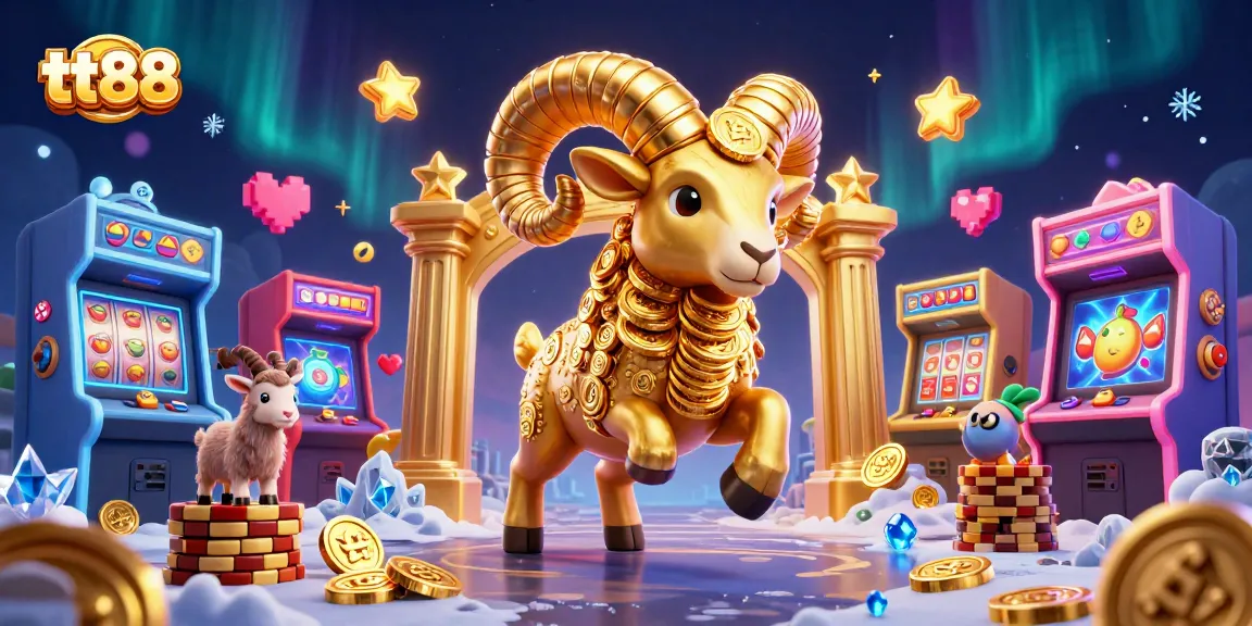 Engage in thrilling slot games at tt88, featuring dynamic golden ram characters with vivid arcade elements.