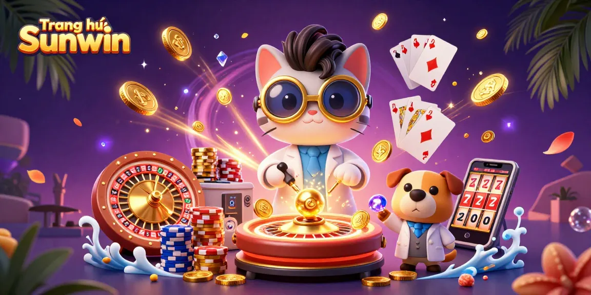 Experience excitement at Trang chủ Sunwin with a vibrant illustration of a cat scientist and dog assistant amidst cascading coins and gaming elements.