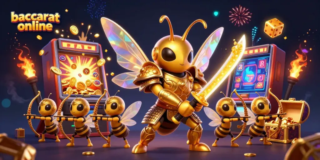 Experience baccarat online with a vibrant scene of samurai-themed characters amidst casino excitement.
