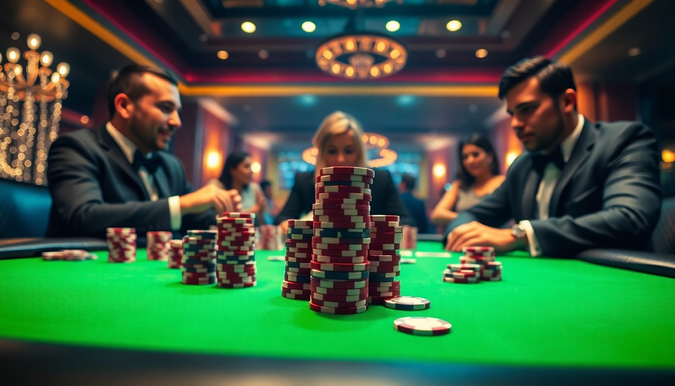 Engaging poker game scene with players strategizing at a casino table, showcasing excitement.