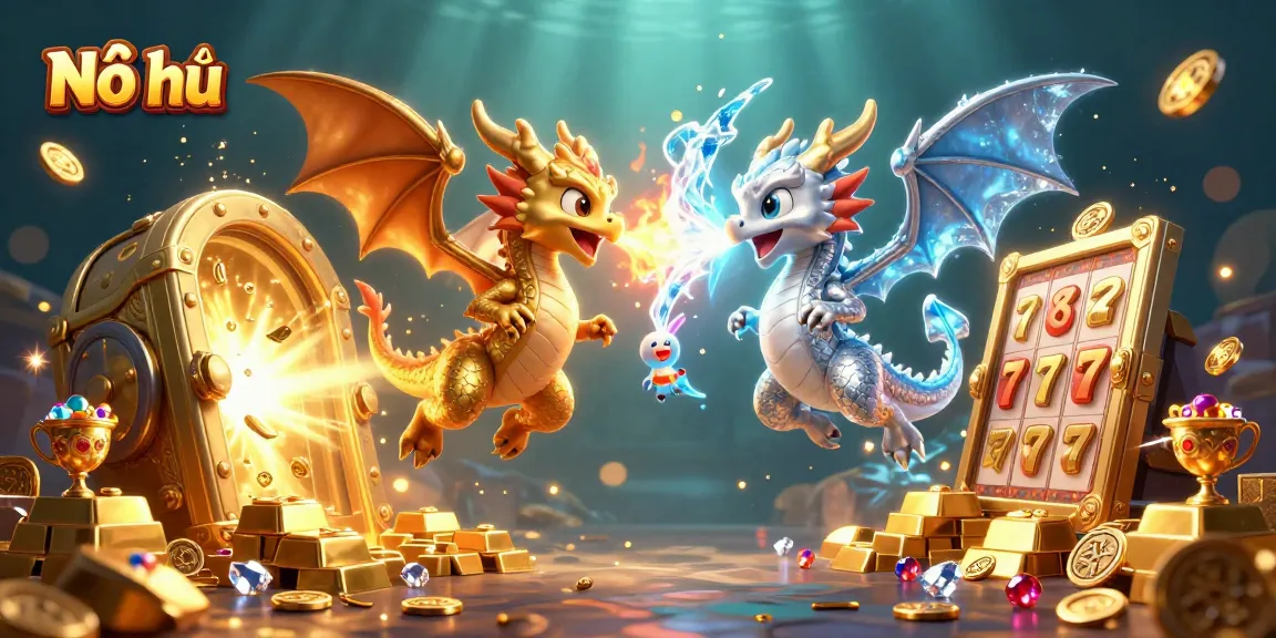 Engage in thrilling Nổ hũ casino games with dynamic scenes of dragons and treasures.