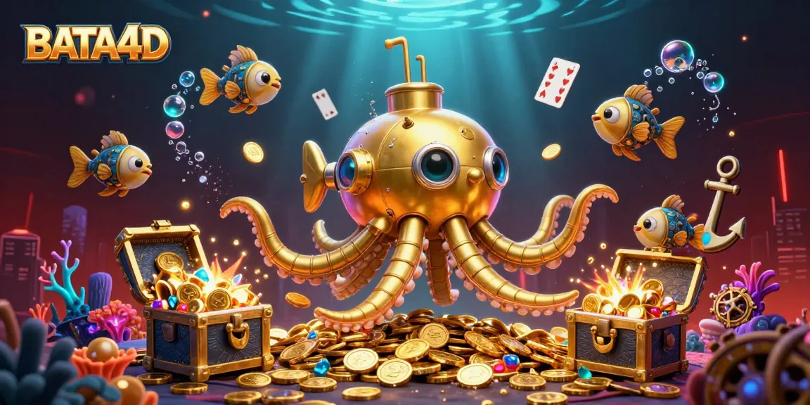 BATA4D menarik perhatian dengan ilustrasi 3D semburan harta karun dan karakter kreatif dalam suasana perjudian online.
