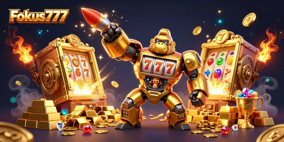 Fokus777 showcases an explosive slot machine-themed scene with vibrant gold and dynamic elements.