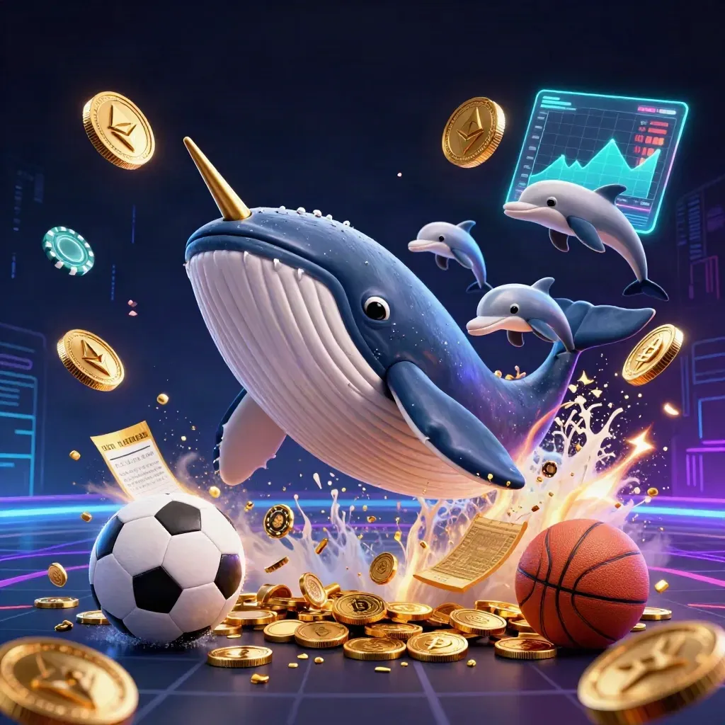 Whale, narwhal, and dolphins burst through gold coins with sports balls and neon crypto effects.