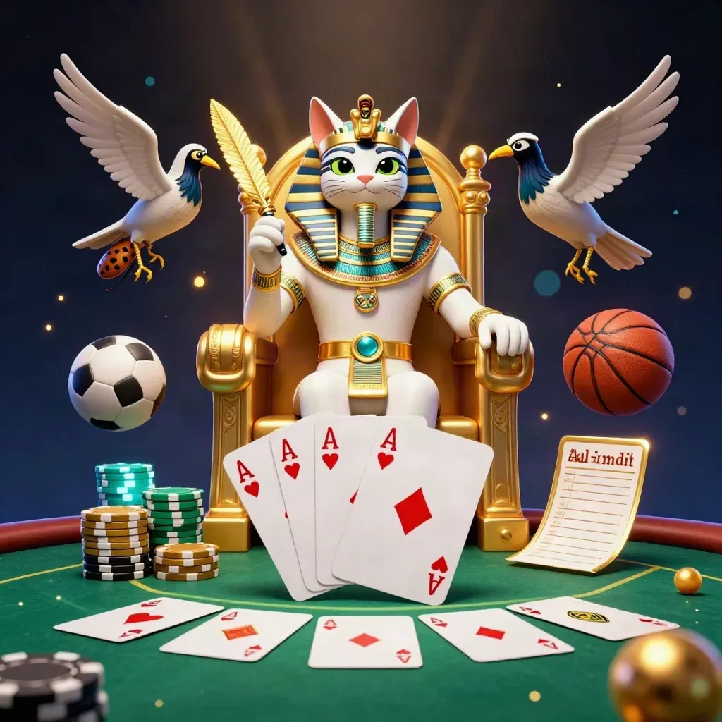 Pharaoh cat, ibis scribe, and scarabs swirl around poker chips, aces, and sports balls in gold light.