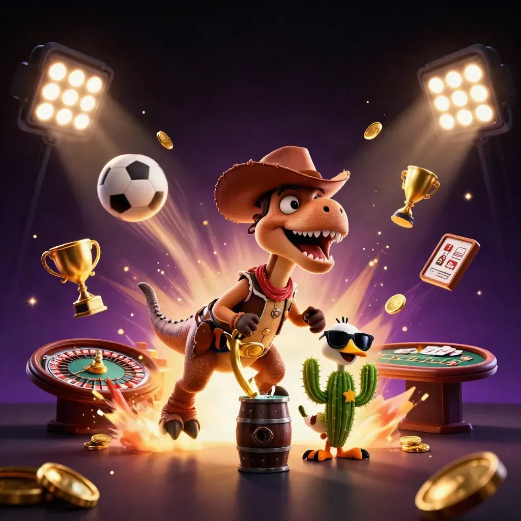 Cowboy T-Rex, cactus sidekick, and roadrunner amid casino lights, gold, and swirling neon energy.