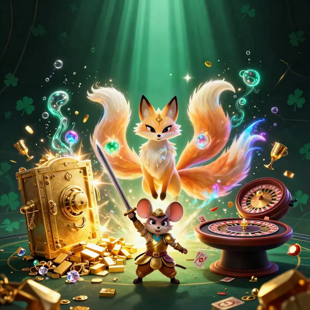 Fox spirit and armored mouse amid a vault burst, gold treasure, neon glow, and casino elements