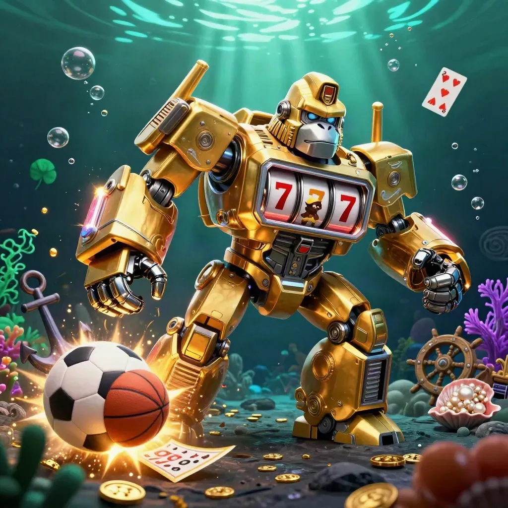 Golden gorilla mech with monkey pilot amid underwater treasure, balls, coins, coral, bubbles, and dramatic light.