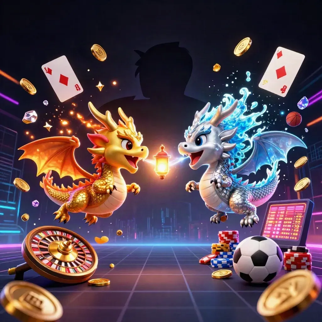 Gold and silver dragons clash in fire and ice amid casino chips, coins, cards, and neon light.