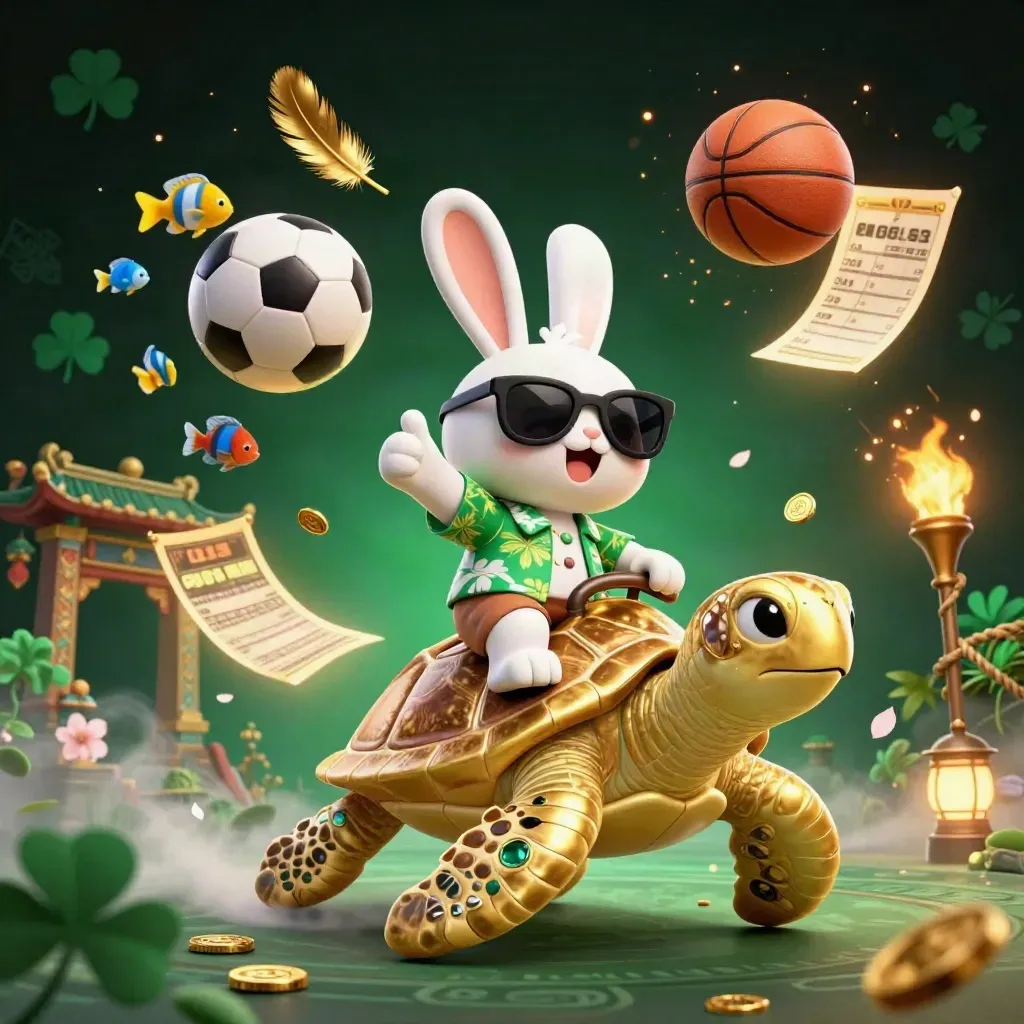 Lucky rabbit on a golden sea turtle amid flying balls, coins, runes, fog, and emerald casino light.