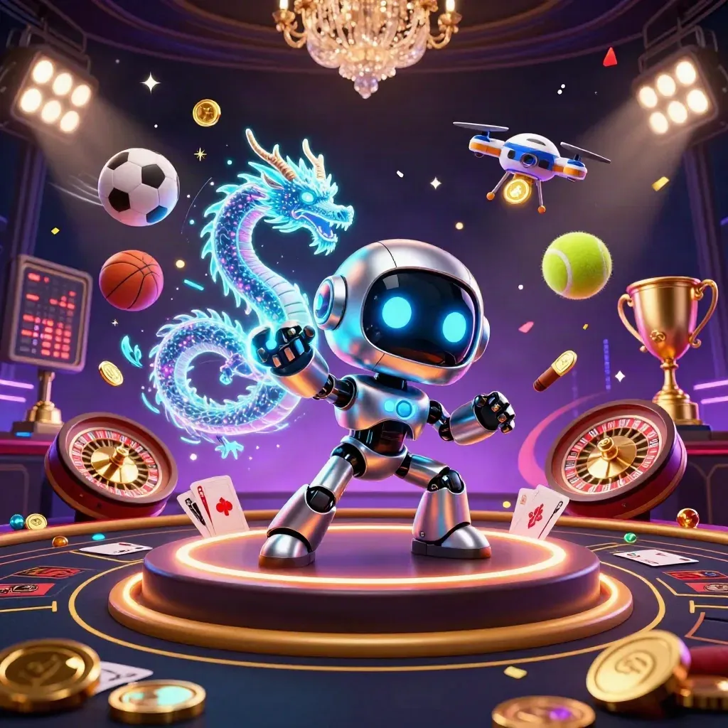 Cyberpunk robot, hologram dragon, and coin drone amid casino lights, trophy, coins, and confetti.