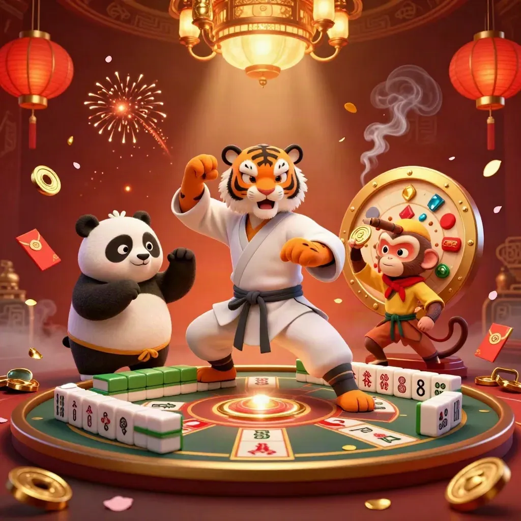 Kung-fu tiger, panda, and monkey in a luxe casino scene with glowing game props.