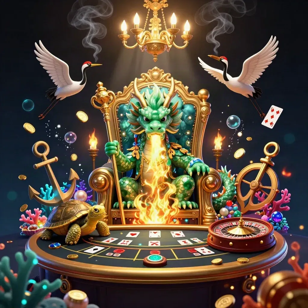 Emerald dragon, turtle sage, and cranes in a luxe underwater casino with gold, coral, and a spinning roulette wheel.
