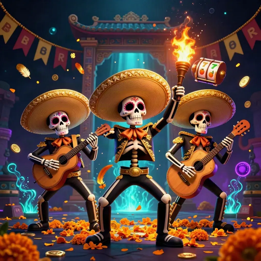 Three skeleton mariachi musicians with gold sombreros amid coins, reels, petals, and neon casino magic.