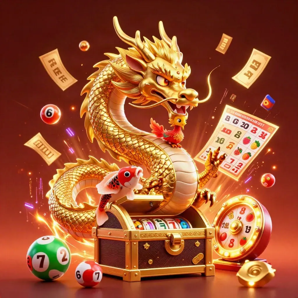 Golden dragon with phoenix and koi amid casino icons, treasure, glowing lights, and ember storm.