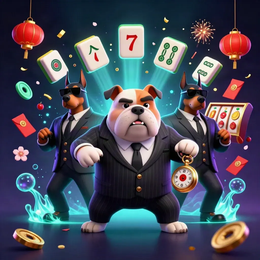 Mafia bulldog and bodyguards amid casino props, glowing neon, coins, tiles, lanterns, and jackpot energy.