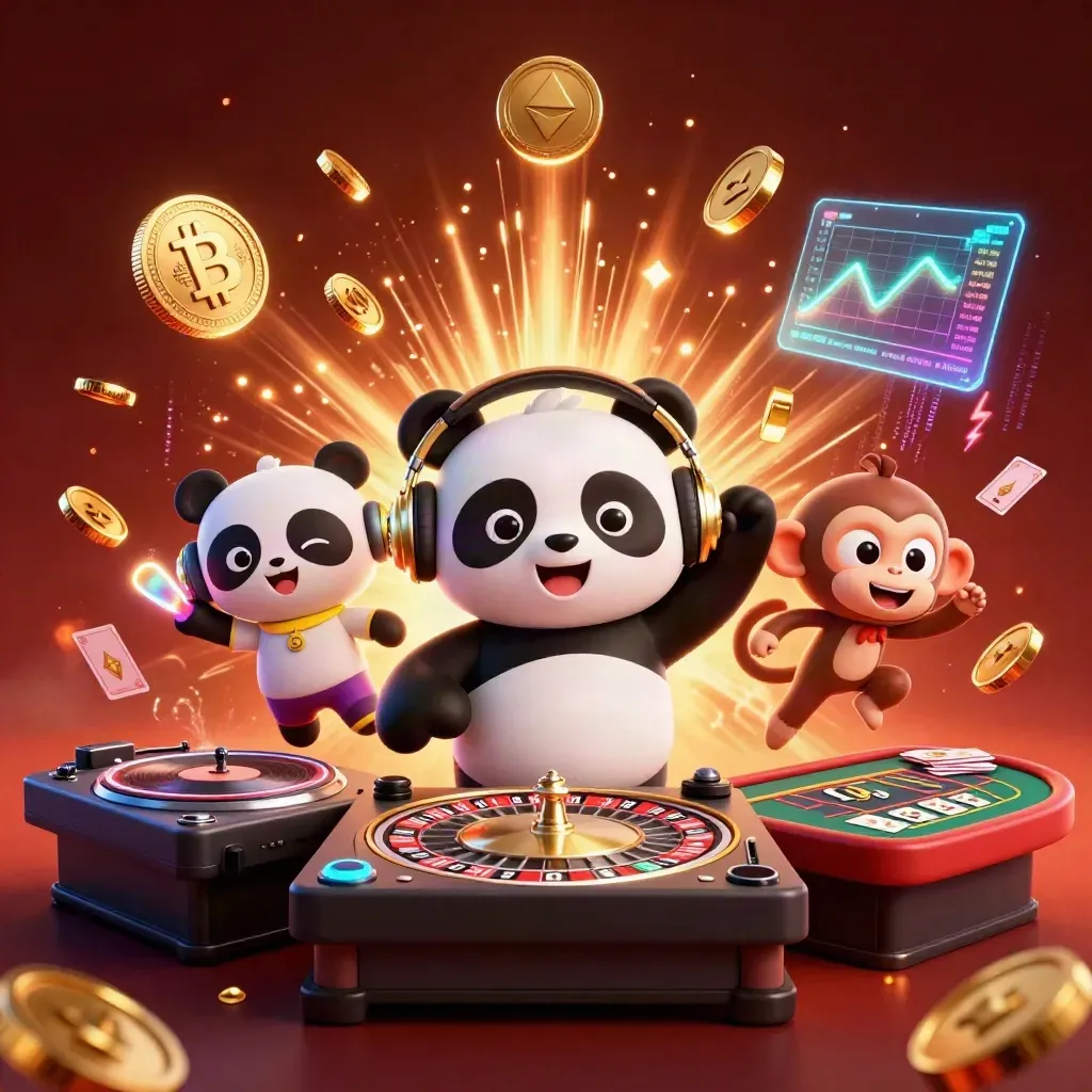 DJ panda, dancing monkey, and glow-stick kitten amid coins, cards, lightning, and casino fireworks.