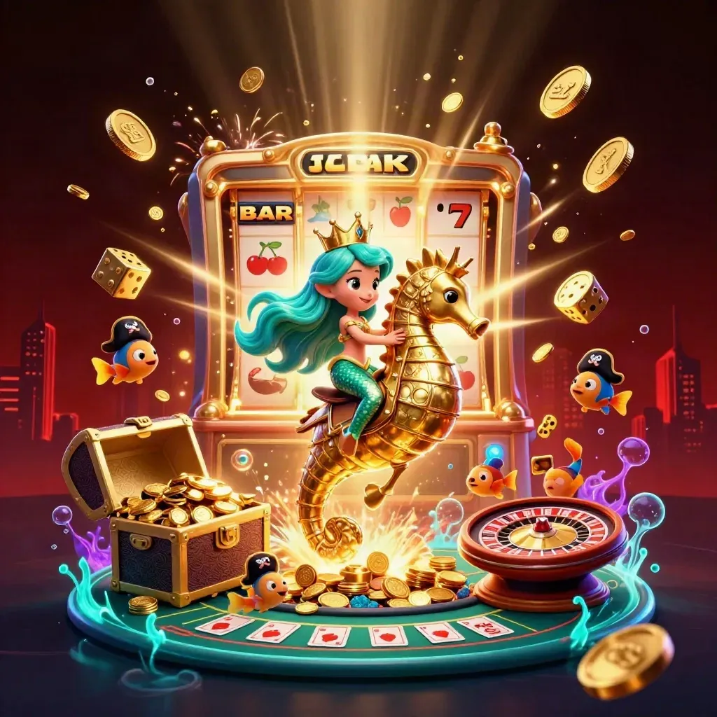 Mermaid princess on a gold seahorse amid coins, slot bursts, cards, dice, and fireworks.