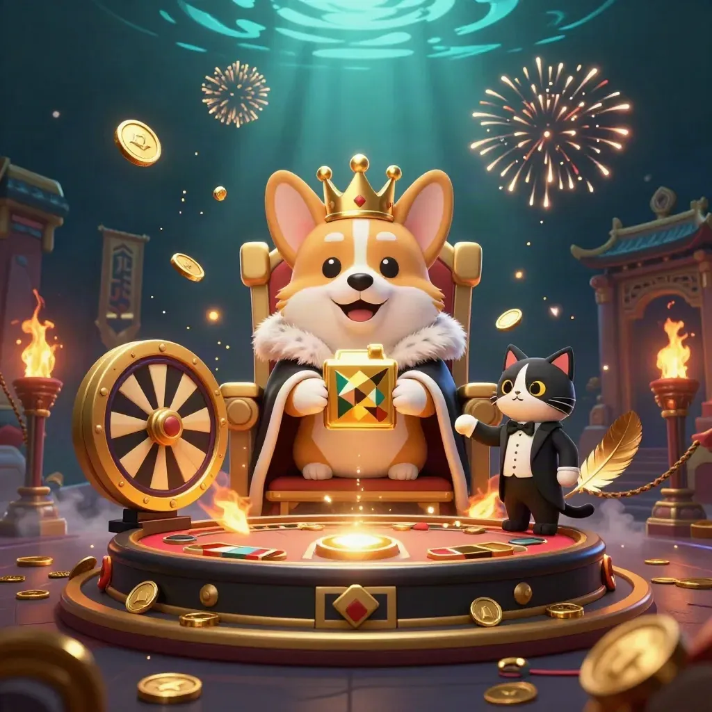 Crowned corgi and cat butler amid casino treasure, coins, and fireworks in dark teal luxury