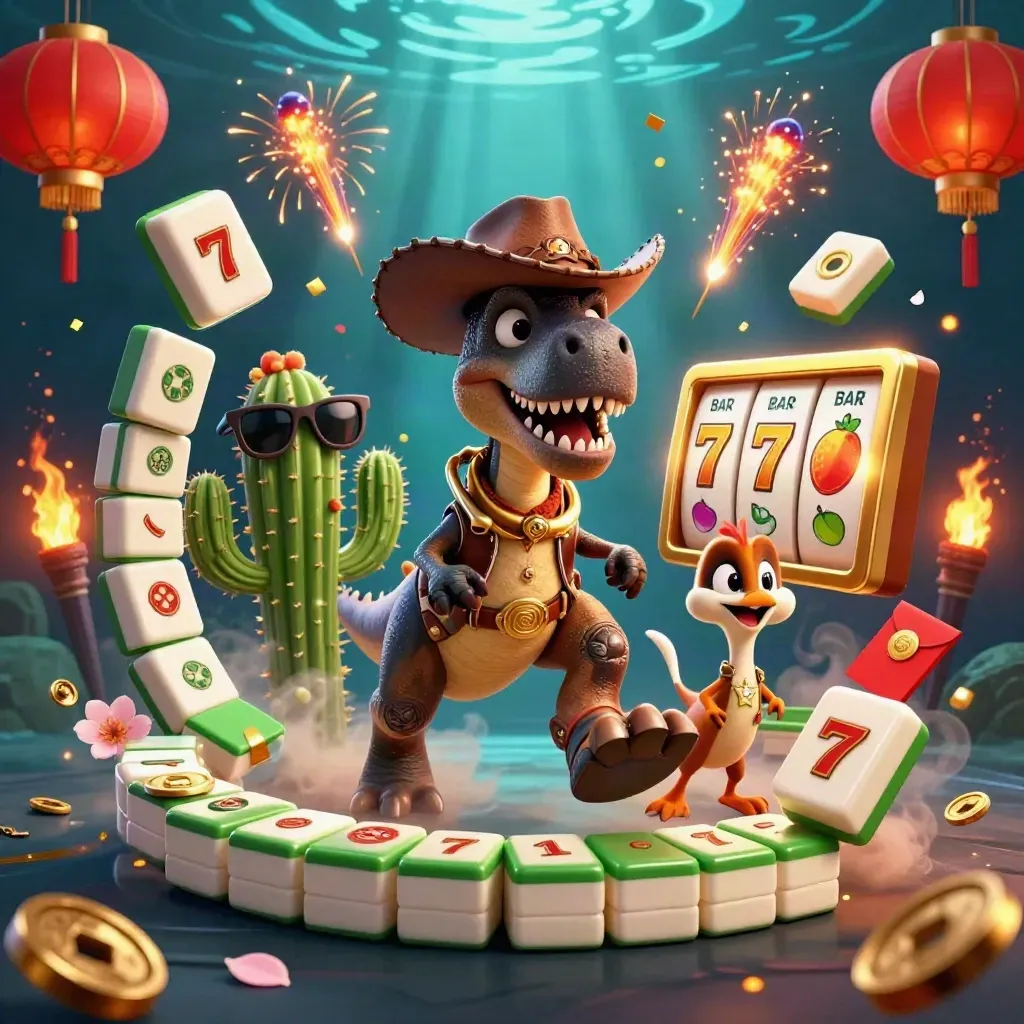 Cowboy T-Rex, cactus sidekick, and sheriff roadrunner amid casino symbols in a dramatic neon splash.