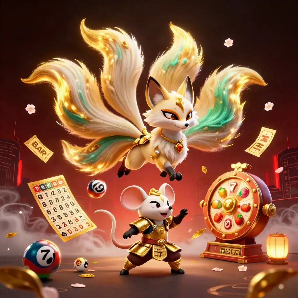 Fox spirit and armored mouse amid casino symbols, gold and emerald on a dark red-black glow.