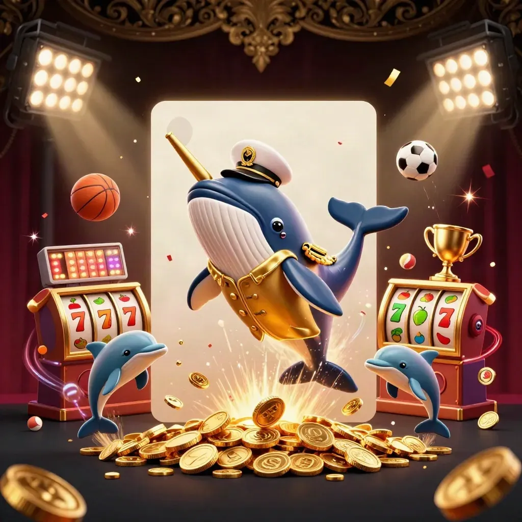 Captain whale, narwhal, and dolphins bursting from gold coins with casino lights.