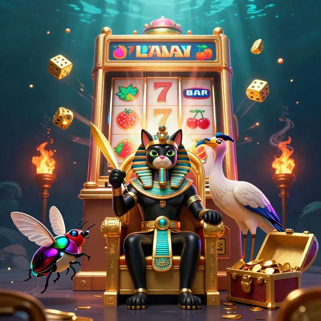 Pharaoh cat, ibis scribe, and scarabs amid a bursting slot machine and gold in dark teal light.