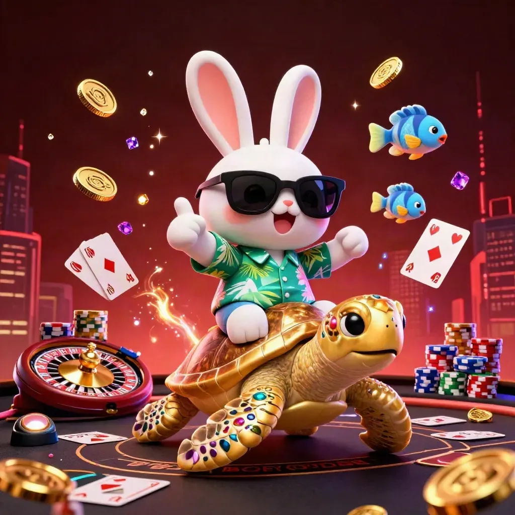Lucky rabbit on a gold sea turtle amid coins, chips, cards, roulette wheel and neon casino glow