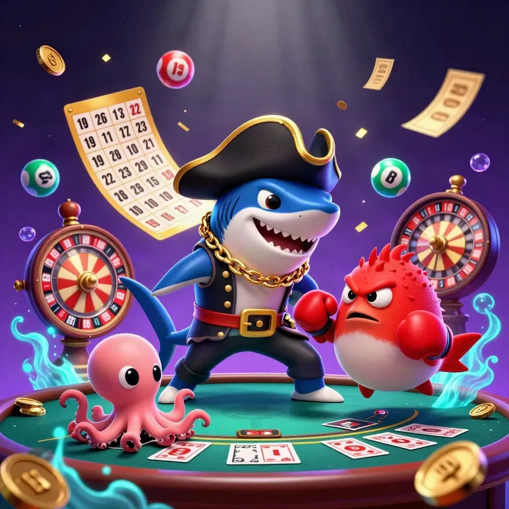 Shark pirate, boxing pufferfish, and juggling octopus amid neon coins and casino wheels.