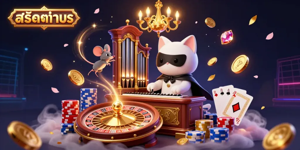 Experience the thrilling world of สล็อตทดลอง with a 3D scene featuring a captivating phantom cat and vibrant casino elements.