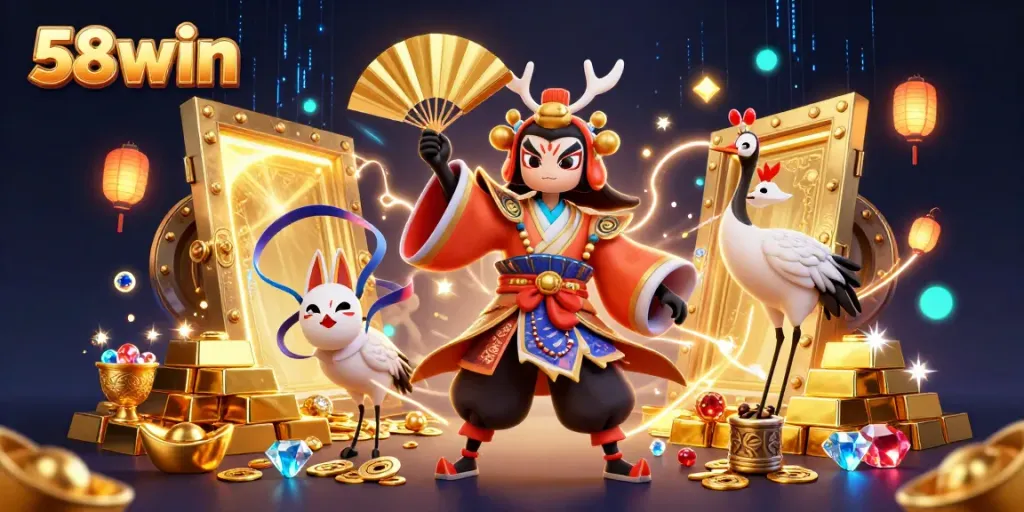 58win players win big with an exciting 3D casino theme showcasing vibrant characters and treasures.