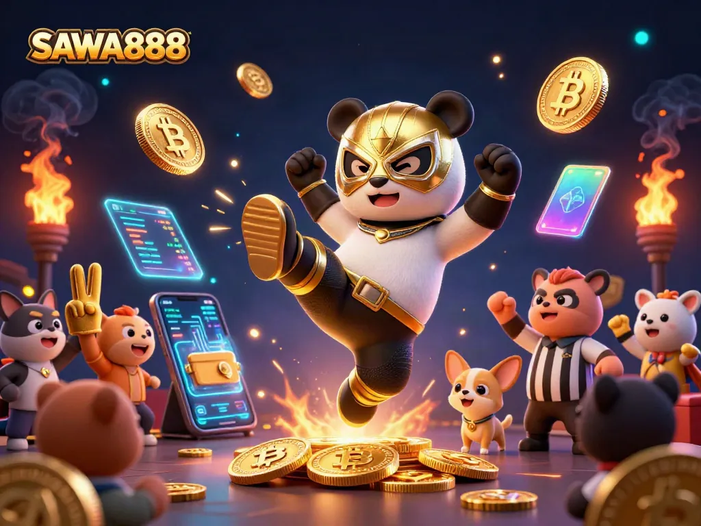 SAWA888 features a lively panda wrestler kicking in a vibrant casino scene filled with crypto elements.