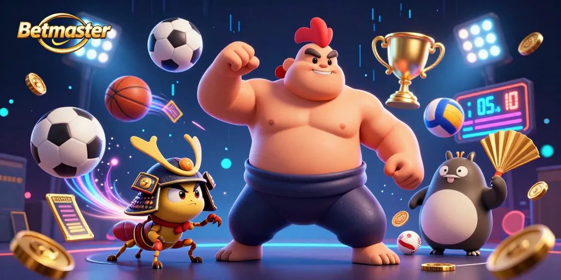 Engage with Betmaster's thrilling betting scene featuring dynamic sports actions and vibrant elements.