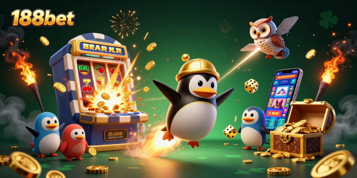 188bet rocket-powered penguin soaring past a casino station, jackpot excitement in the air.