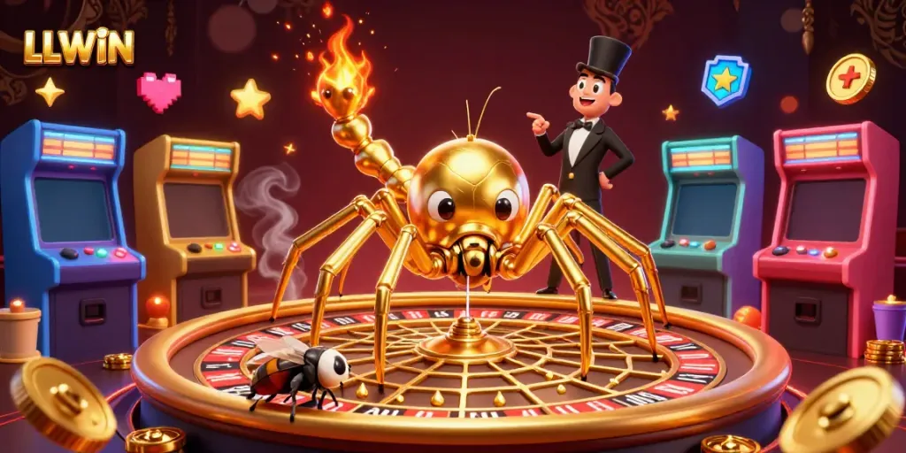 Engage with LLWIN as you stake bets around a vibrant casino web spun by a golden spider.
