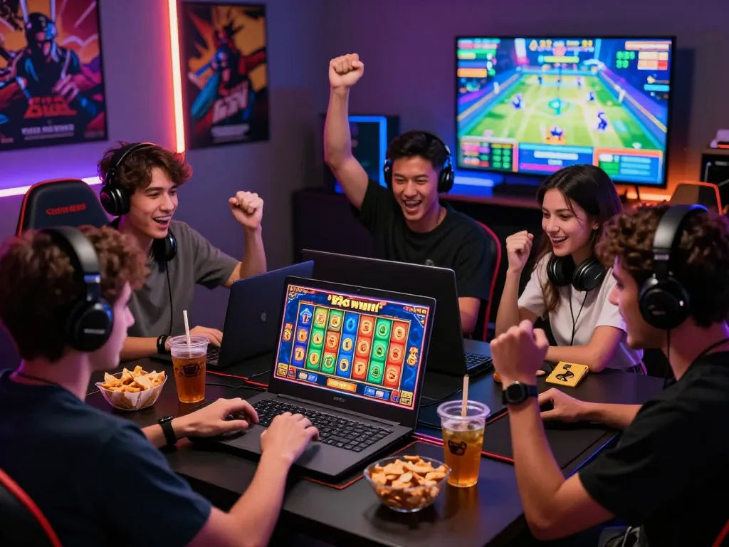 Pemain yang terlibat merayakan kemenangan dalam permainan slot online gacor, suasana yang cerah dan camilan pesta.