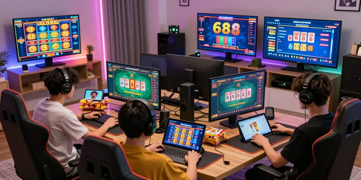 Engaging online gaming scene featuring players enjoying game bài 68 at home with vibrant setups and competitive atmosphere.