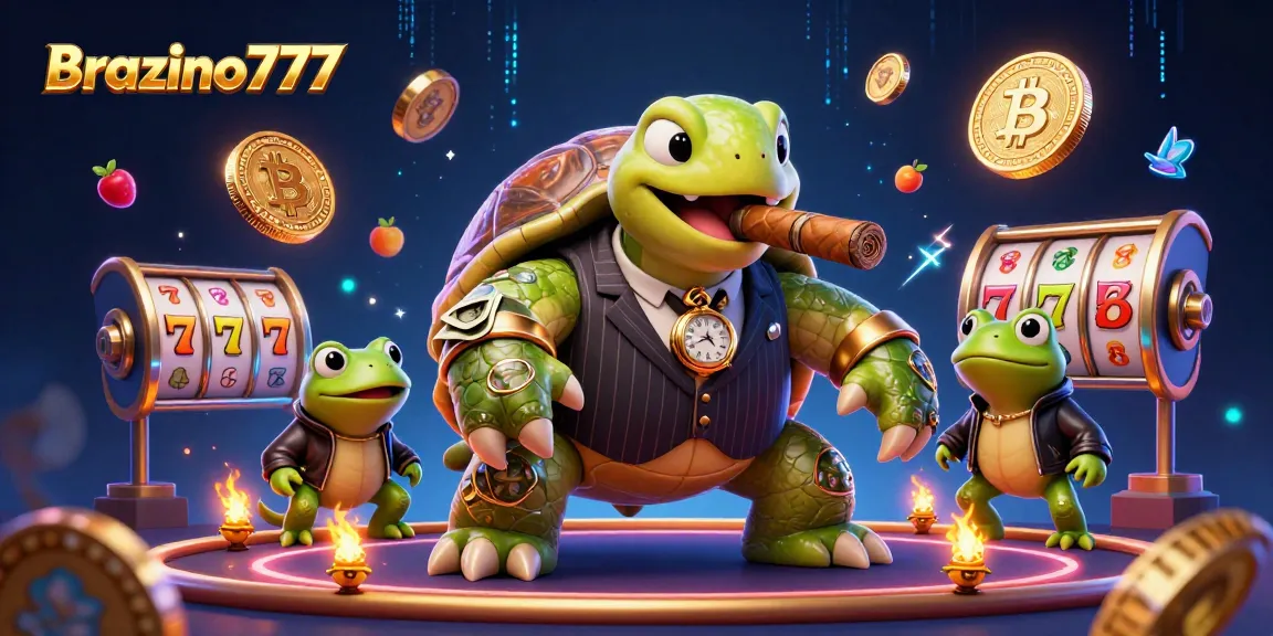 Bets thrive at Brazino777 with a massive turtle mobster and frog enforcers amidst glowing crypto coins and slot machines.