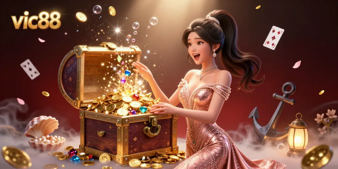 Win big at vic88 with a stunning treasure chest overflowing with gems and coins in this vibrant casino illustration.